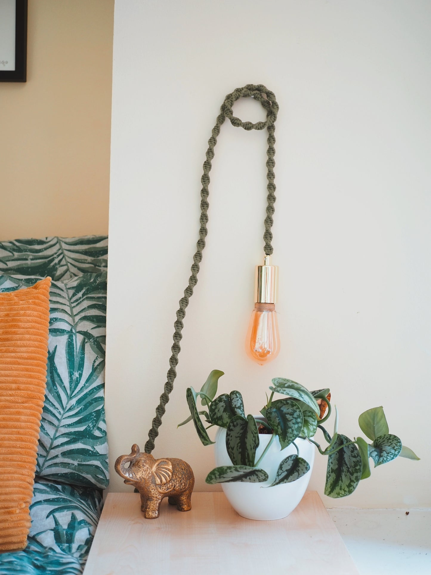 Hanging Wall Lamp with Gold Fitting and Macrame Cord | Choose your colour