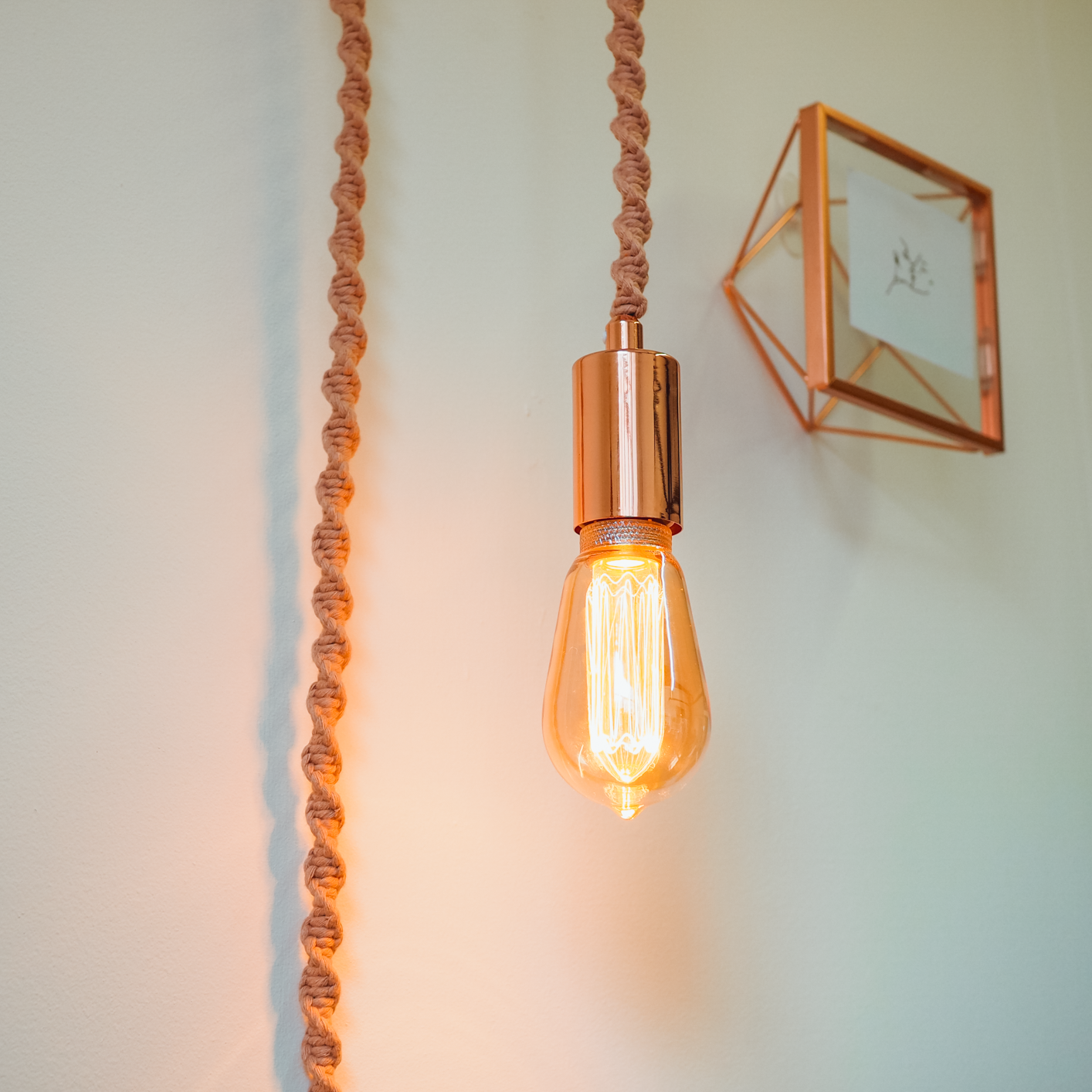 Hanging Wall Lamp with Copper Fitting and Macrame Cord Choose your colour