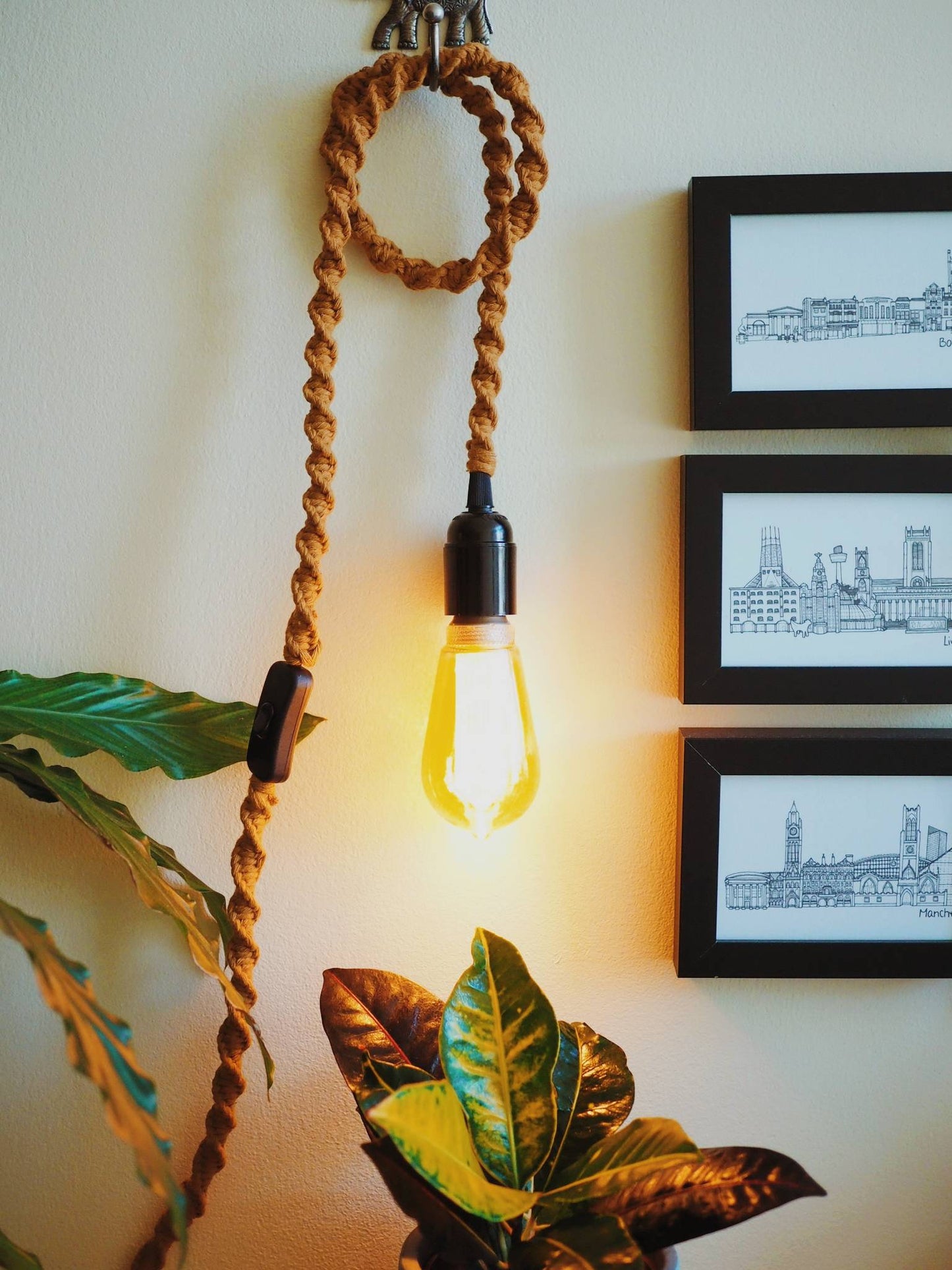 Hanging Wall Light Lamp with Macrame Cord | Choose your colour