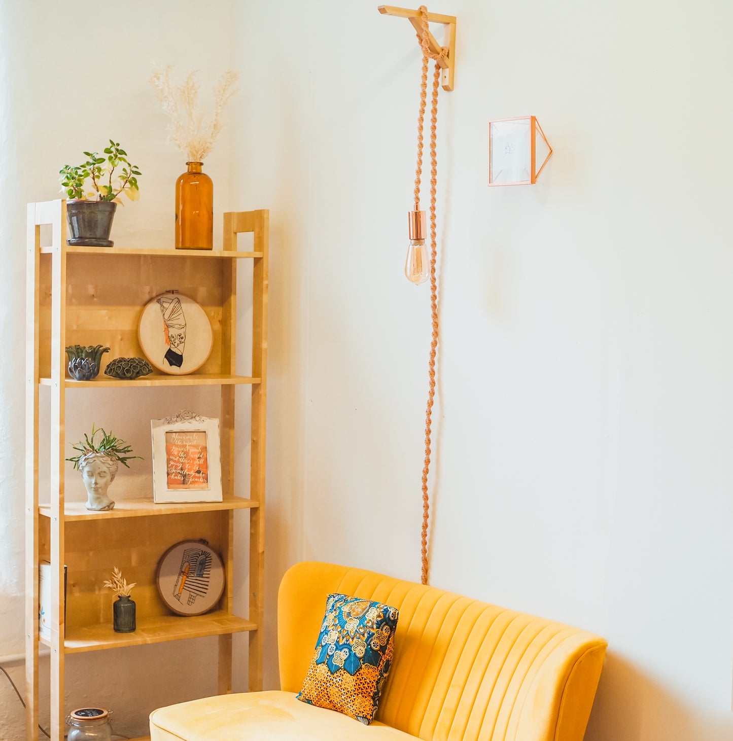 Hanging Wall Lamp with Copper Fitting and Macrame Cord | Choose your colour