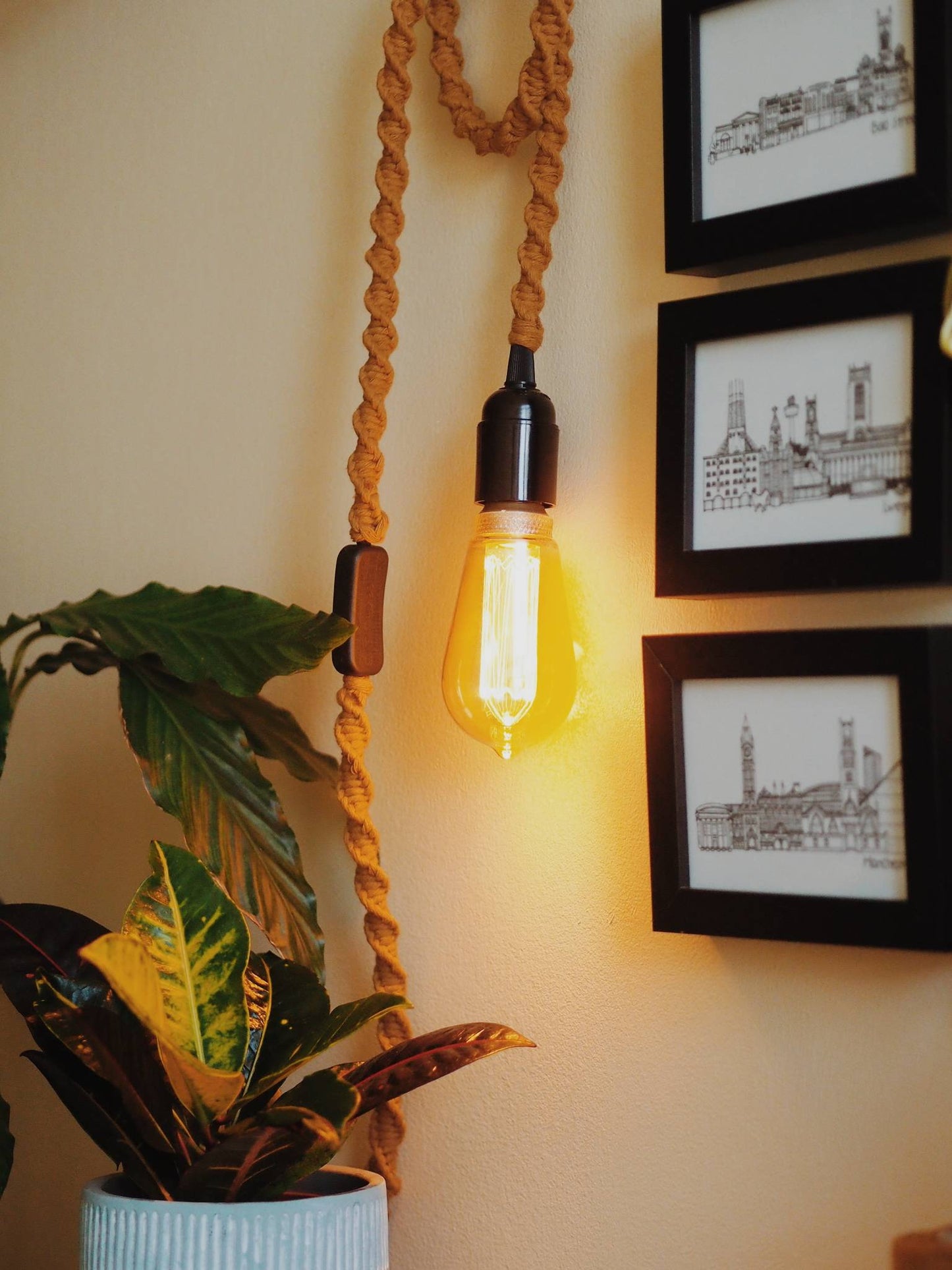 Hanging Wall Light Lamp with Macrame Cord | Choose your colour